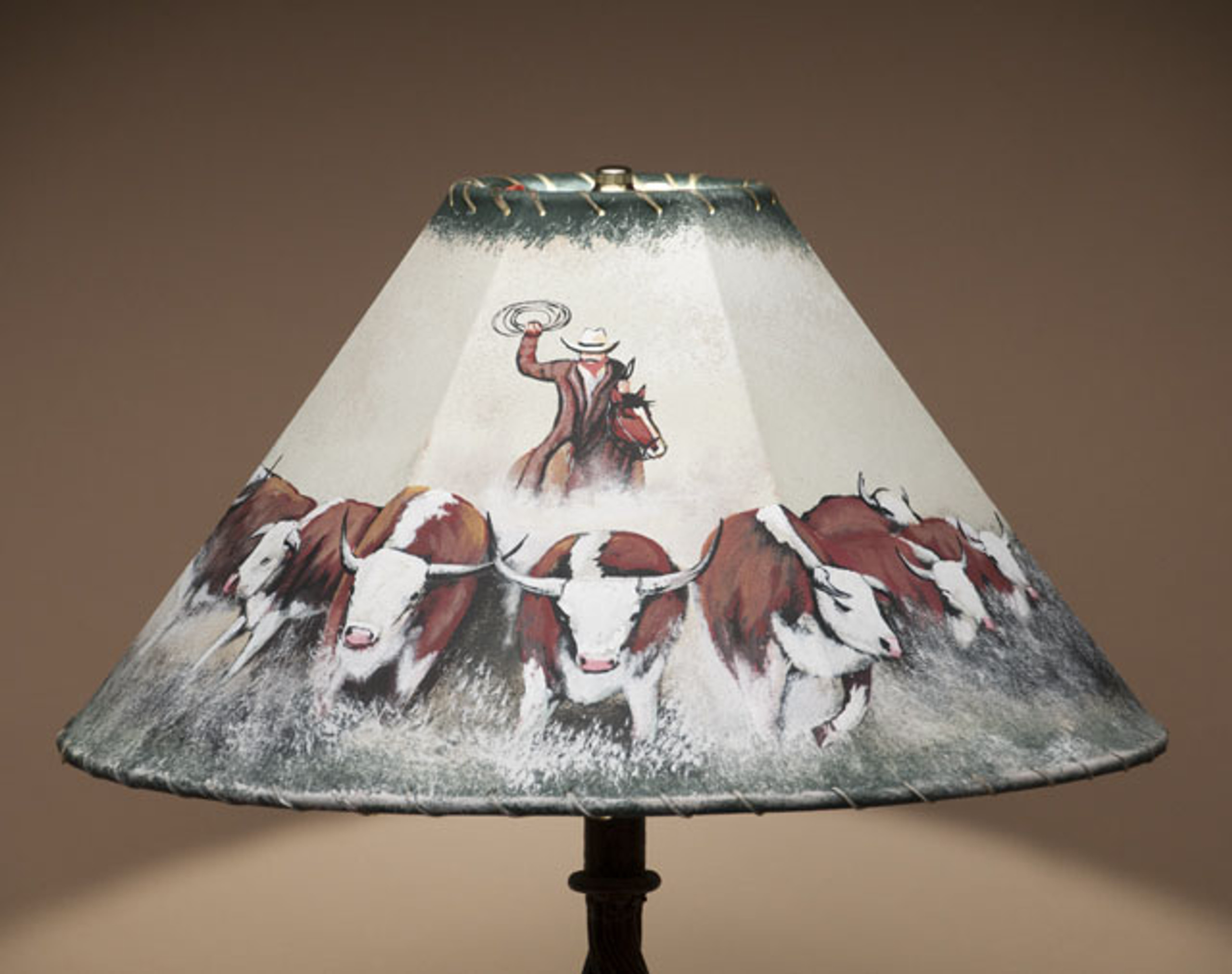 Painted Western Leather Lamp Shade 18" Cattle Drive (PL107) Mission