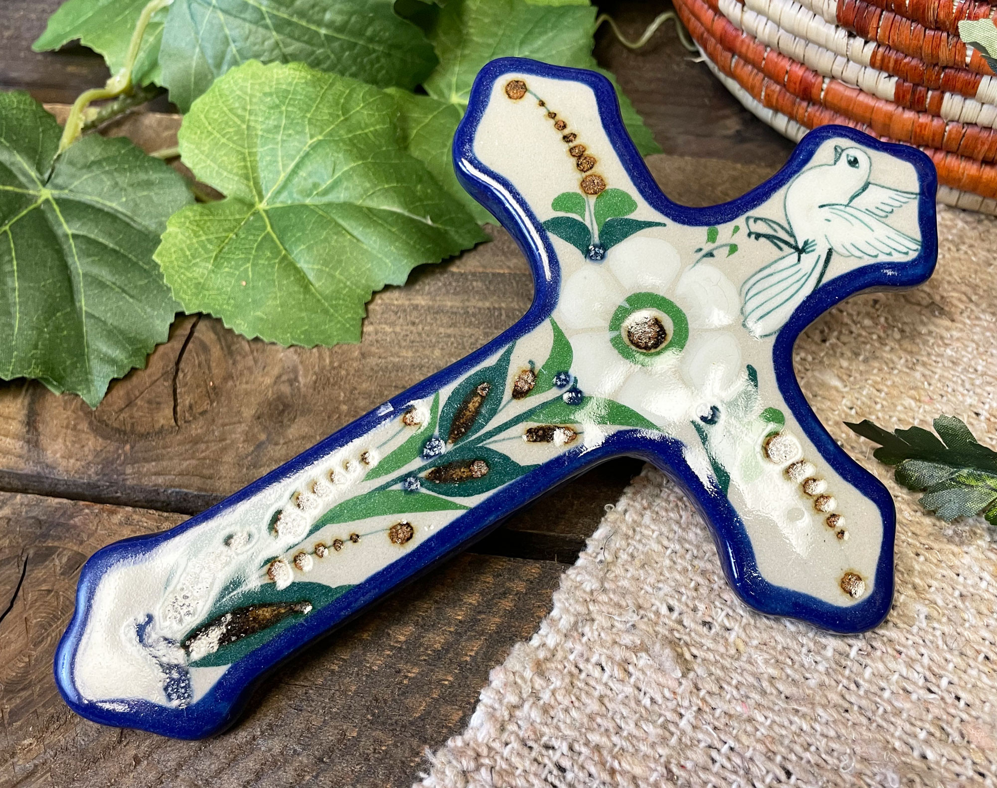 Rustic Glazed Mexican Ceramic Wall Cross 8" (c95) Mission Del Rey Southwest