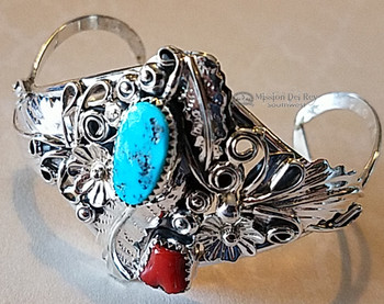 Native American Silver, Turquoise & Red Coral Cuff