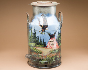 Painted Native Style Milk Can - Indian Village.