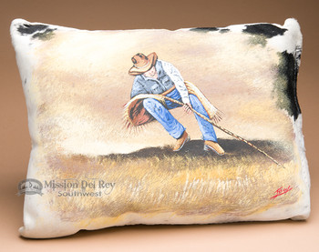 Painted Cowhide Pillow -Cowboy