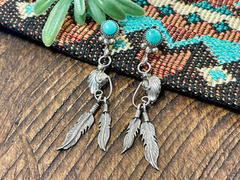 Navajo Sterling Silver Earrings - Turquoise & Feathers