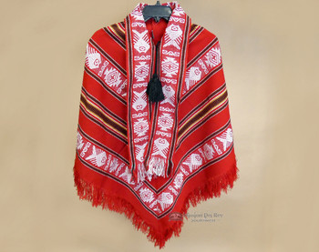 Southwest Woven Scarfed Poncho - Red