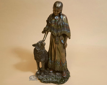 Southwestern Bronze Sculpture - Indian Woman & Wolf