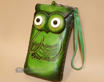 Southwestern Hand Tooled Leather Phone Case - Green Owl