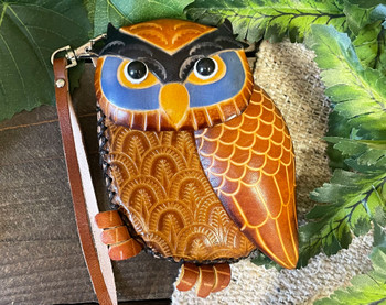 Rustic Western Tooled Leather Coin Purse - Owl Head (31cp116-1brn)
