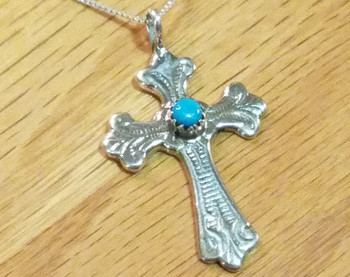 Silver & Turquoise Cross Necklace 20" -Zuni