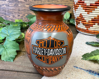 Navajo Etched Harley Davidson Vase 8"