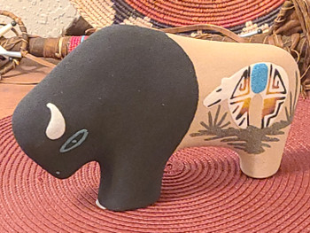 Handcrafted clay sand painted pottery buffalo