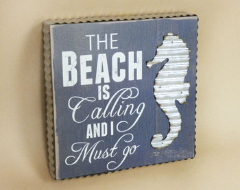 Wood & Tin Seahorse Sign -"Beach is Calling"