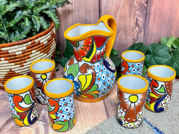 Hand Painted Mexican Talavera Pitcher & Cup Set