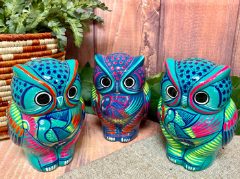 Assorted Mexican Hand Painted Clay Pottery Owl Bank