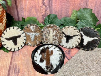 Southwest Cowhide Coaster Set w/ Cowhide Holder