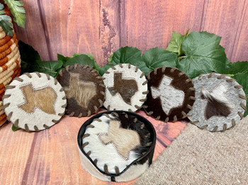 Texas Cowhide Coasters w/ Cowhide Holder