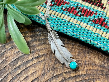 Navajo Indian Silver Feather and Turquoise Pendant