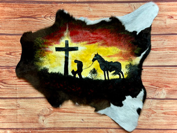 Southwestern Painted Cow Hide -Prayer Cowboy