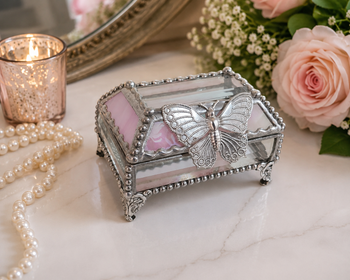 Pink Stained Glass Jewelry Box -Butterfly