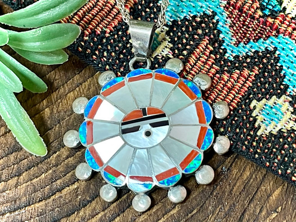 Zuni Silver Inlaid Pendant Necklace 18"