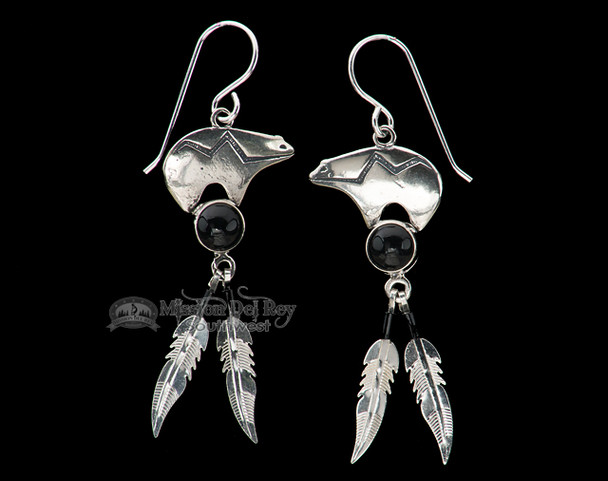 Navajo Silver Earrings -Black Onyx Bears