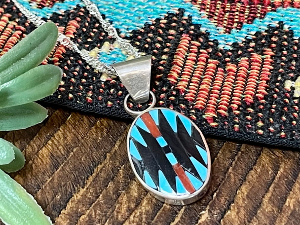 Native Inlaid Silver Pendant Necklace 20"