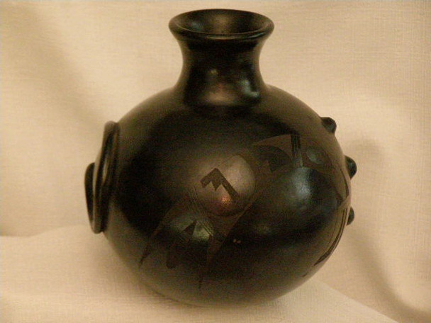 Black Jalisco Mexican Pottery Vase 6"x6.5"