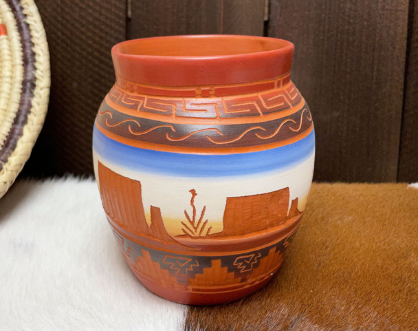 Etched Monument Navajo Pottery Vase
