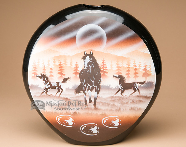 Native Navajo Flat Pottery Pillow Vase 11" -Horses (nap355)