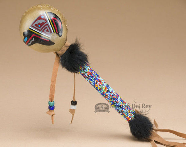 Native American Painted Rawhide Beaded Rattle - Bear