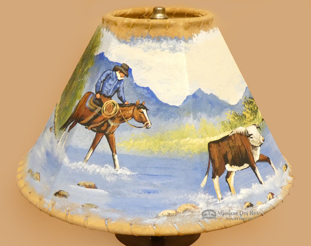 14" Painted Leather Lamp Shade - Cowboy