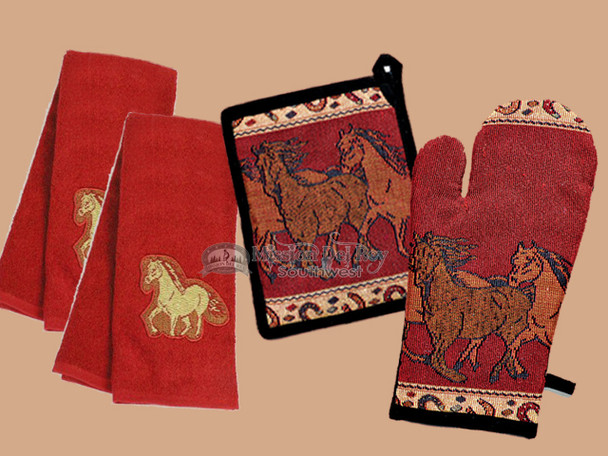 Mitt, Pot Holder & Tea Towel Set -Running Horses