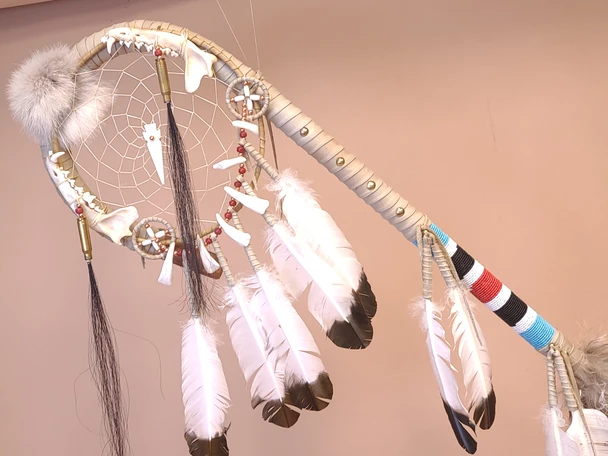 Bent wood Staff w/ buffalo tooth prayer feather drape