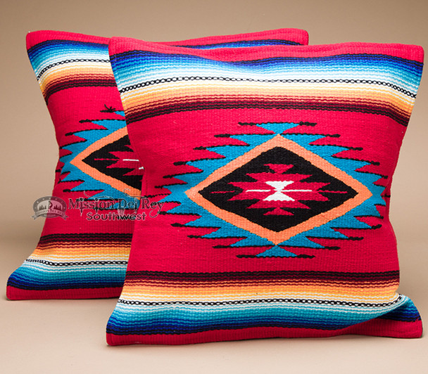 Pair Serape Southwestern Pillow Covers -Red