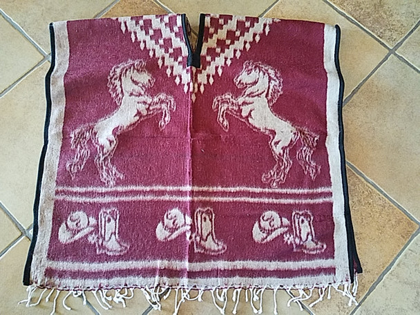 Mexican Style Horses Blanket Poncho -Burgundy