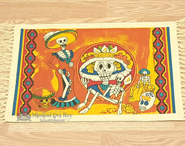 Day of The Dead Cotton Placemat 13x19 - Orange Fiesta Skeletons