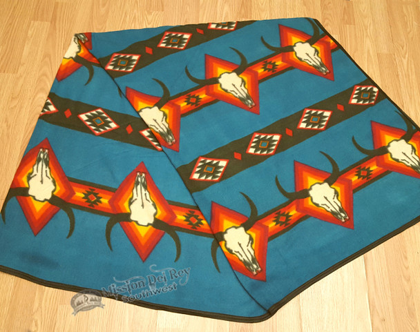 Southwestern Fleece Lodge Blanket -Turquoise Longhorns