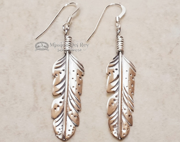 Native American Silver Earrings -Navajo- Single Feather