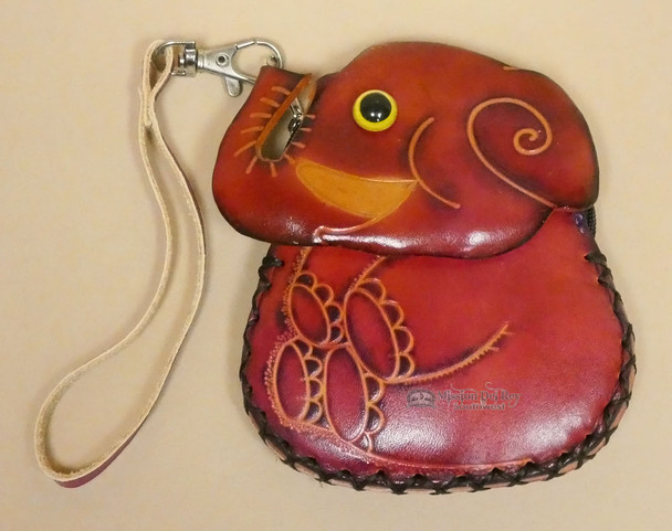 Hand Tooled Leather Coin Purse -Pink Elephant