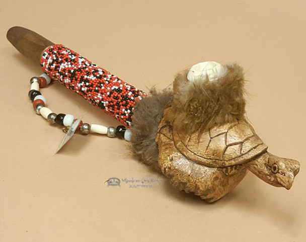 Beaded Antler Pipe With Hand Carved Turtle