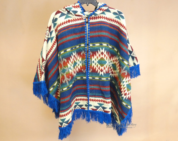 Southwestern Woven Wool Button Cape -Royal Blue