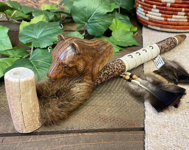 Beaded Antler Pipe w/ Hand Carved Bear