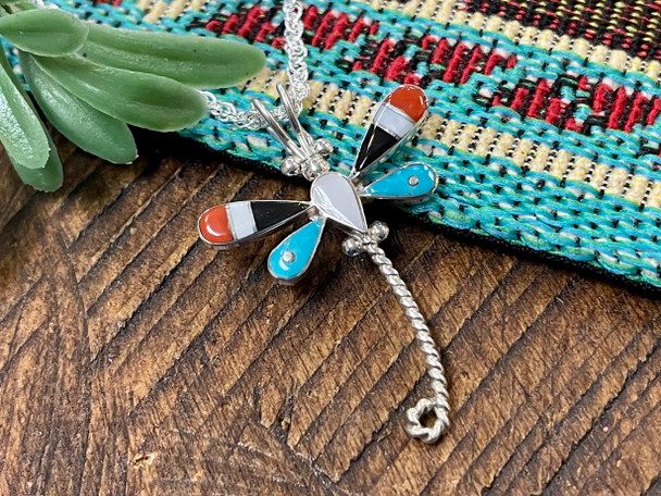 Native American Silver Pendant Necklace 18" -Dragon Fly