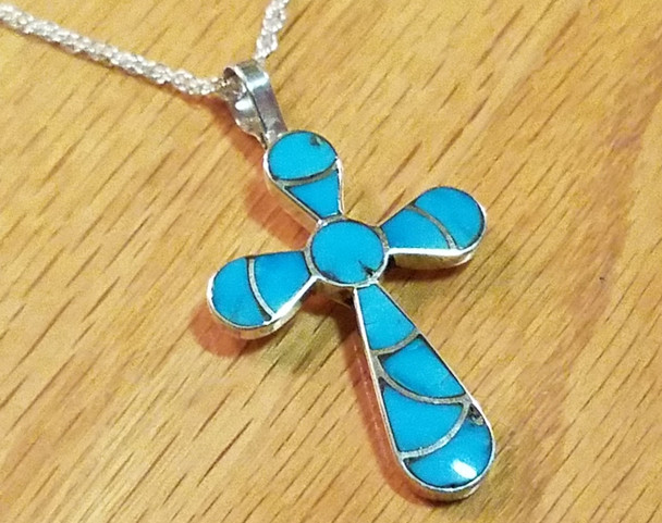 Sterling Silver Inlaid Turquoise Cross Necklace 20" -Zuni