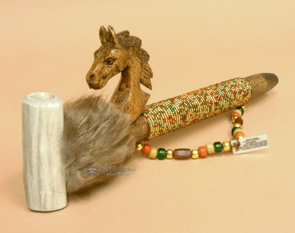Beaded Antler Pipe With Hand Carved Horse