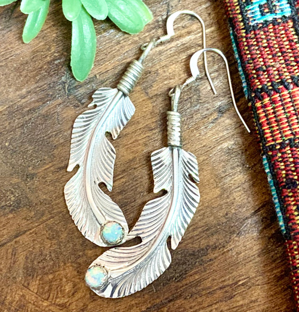 Navajo Silver & Opal Feather Earrings