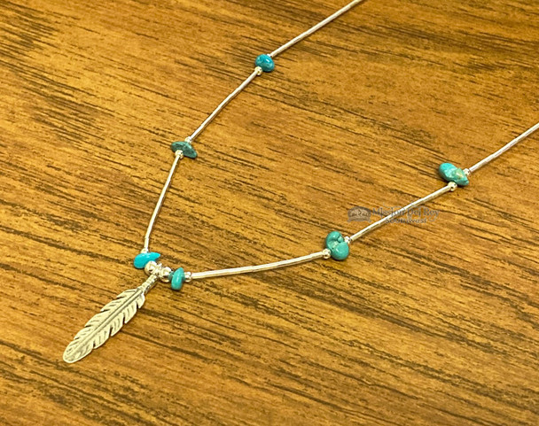 Sterling Silver Feather Necklace w/ Turquoise accents