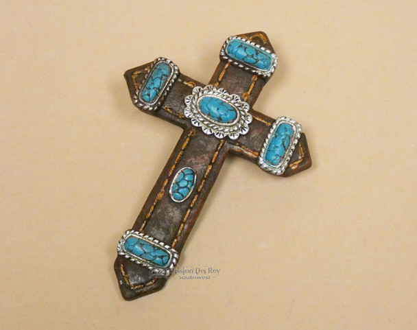 Leather & Turquoise Style Magnetic Clip Cross 4"