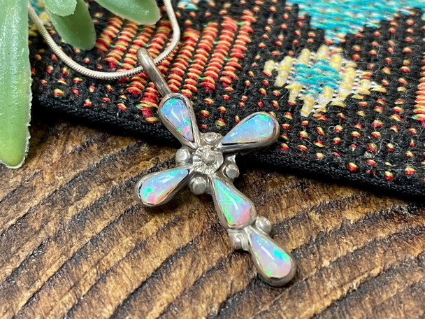 Native American Opal, Silver Cross Necklace 20"
