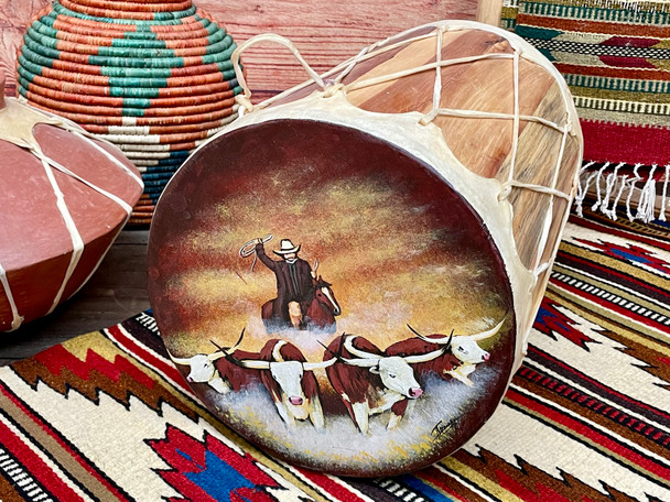 Painted Tarahumara Indian Drum -Cattle Drive