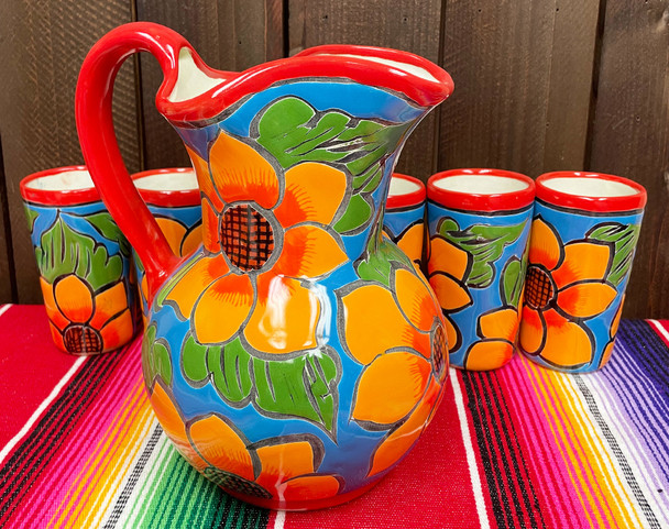 Hand Painted Mexican Talavera Pitcher Set