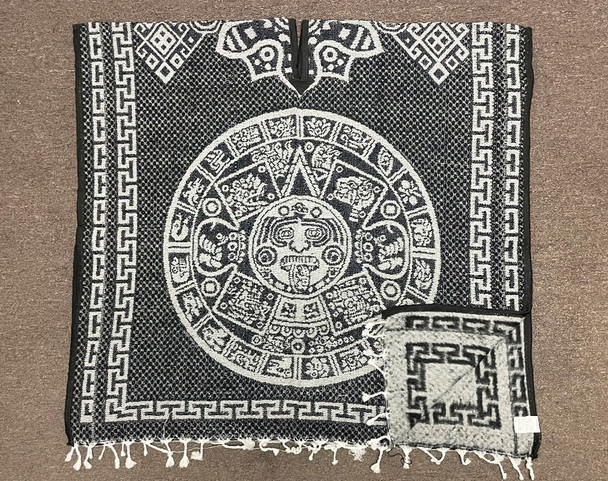 Blanket Poncho -Black & Grey Mayan Calendar